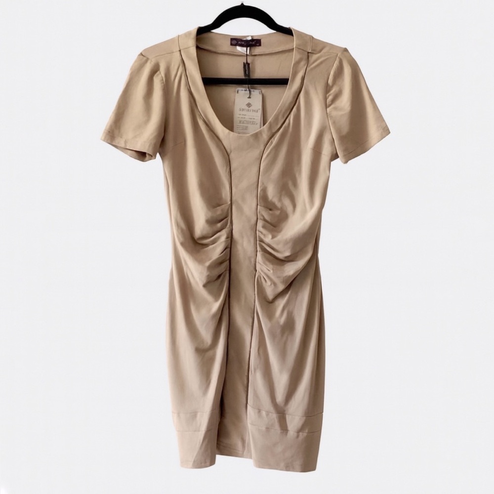 NWT Appleline Tan Turkish Short Sleeve Ruched Mini Elbise Dress Size 42 Size 6/8